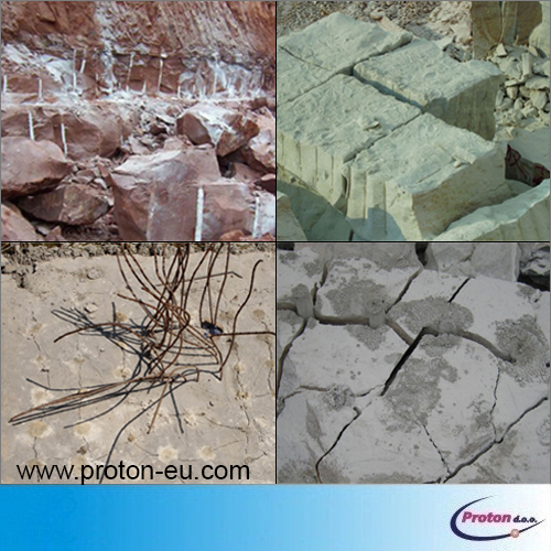 Neekslozivno raztezno sredstvo za rušenje 4 - Proton d.o.o. - Hladno miniranje - miner - minerstvo - TNT - kompresor - pnevmatsko vrtanje - vrtina - izvrtina - luknja - razbijanje - podiranje - hidravlično kladivo - pnevmatsko kladivo - pikiranje - nitroglicerin - kamen - živa skala - armiran beton - kamnolom - pruh - pesek - granulat - hidravlika - štemanje - vrtalnik - kladivo - macola - DTH - piker  - pnevmatično - pištola - pick hammer - bager - rovokopač - minibager - midibager - JCB - Poclain - Volvo - MF - Massey Ferguson - Doosan - Daewoo
